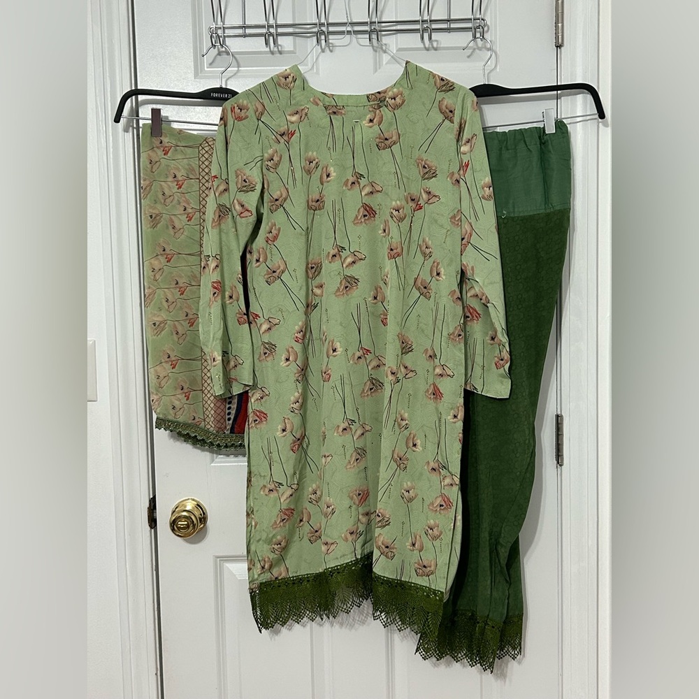 3 piece stitched Indian Pakistani suit in floral green. Silky satin material